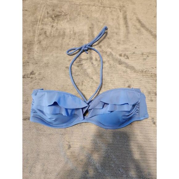 Victoria's Secret Bikini Top 34B Boho Ruffle Blue Cutout Halter Swim Festival Be - Picture 1 of 3